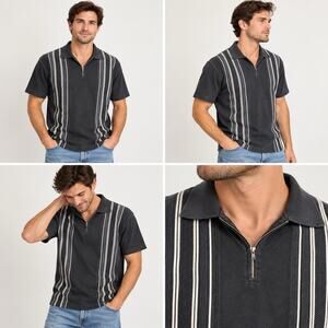 Structure Le Collezioni Polo Shirt Mens M Black Striped Quarter Zip Cotton